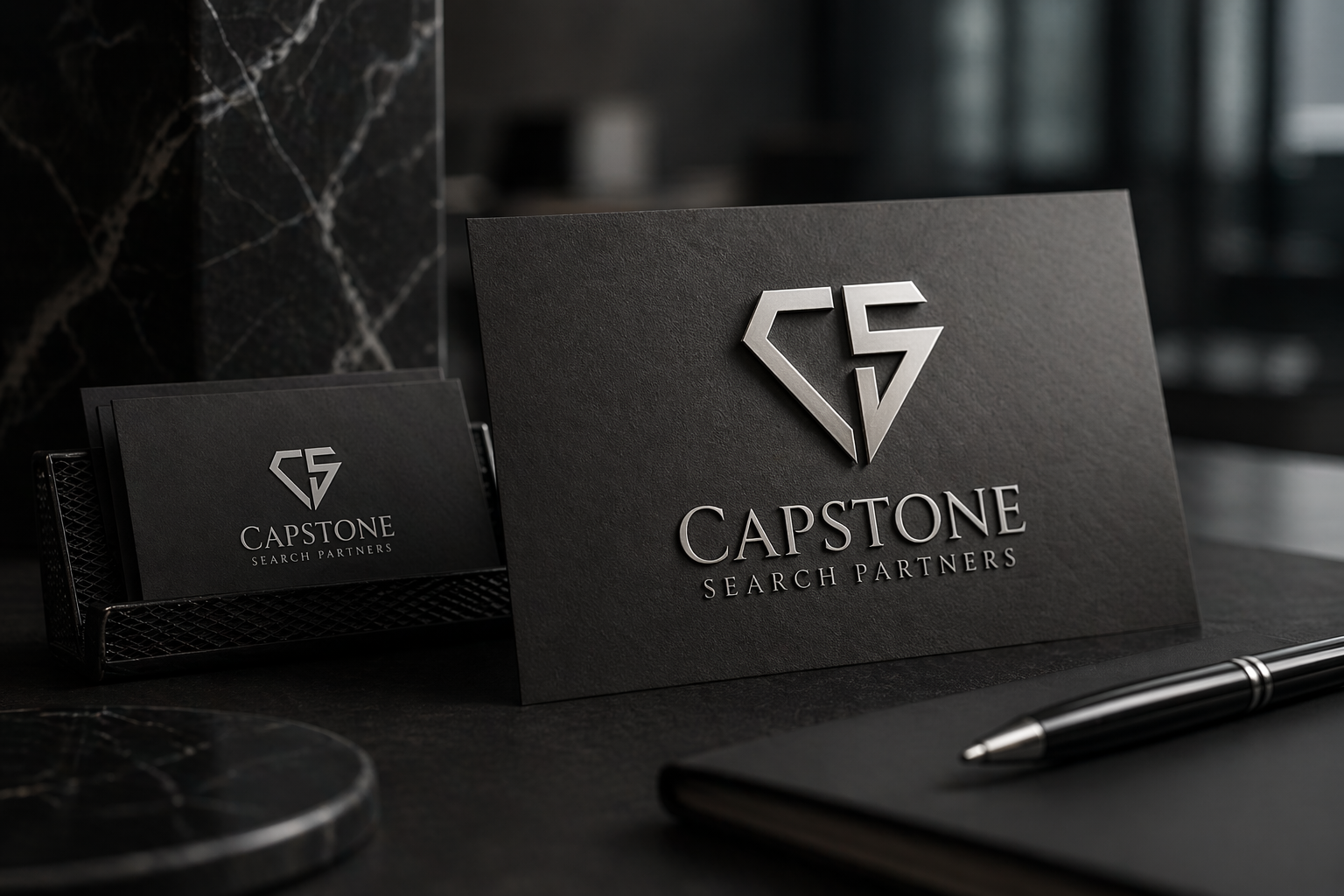 Capstone’s silver emblem embossed on black stationery